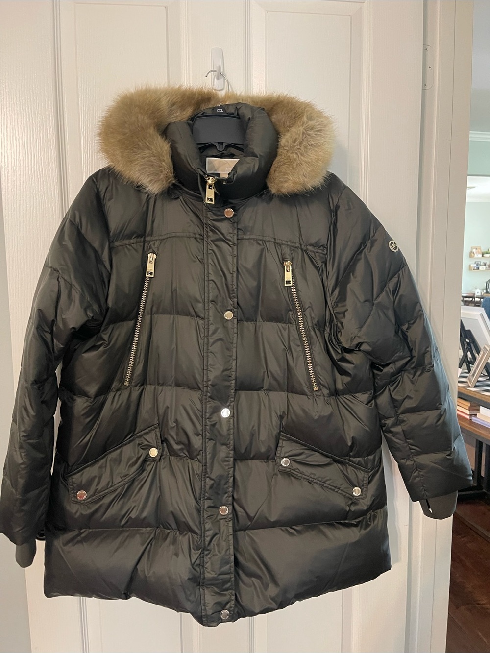 Michael Kors Dark Olive Puffer Coat with Tan Faux-Fur Trim